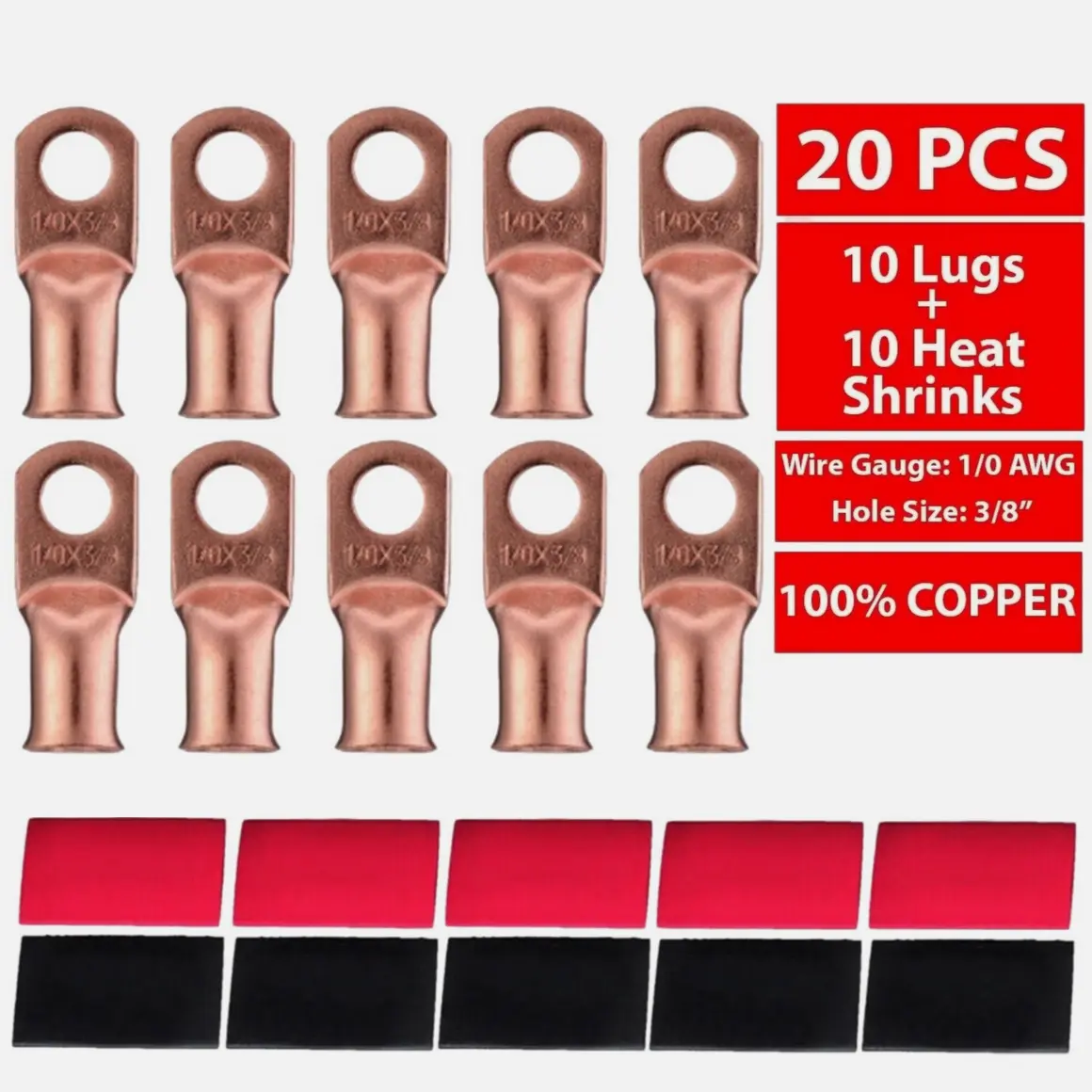 20PCS 1/0 AWG Gauge Copper Lug Connectors Set Pack, Black & Red Ring Shape Heat Shrink Terminals, Heat Resistant High Current Heavy Duty for Automotive Electrical Applications