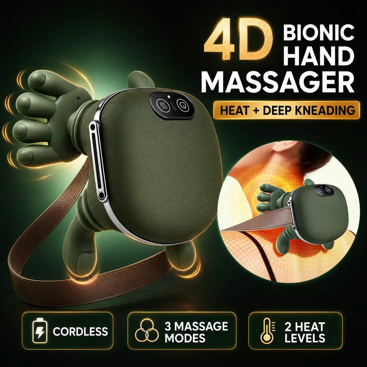 2026 Upgraded Bionic Hand Shoulder Massager with Heat, Cordless 3D Kneading Massager for Neck, Back and Legs, Lightweight Portable Deep Tissue Massager, Gift for Men and Women