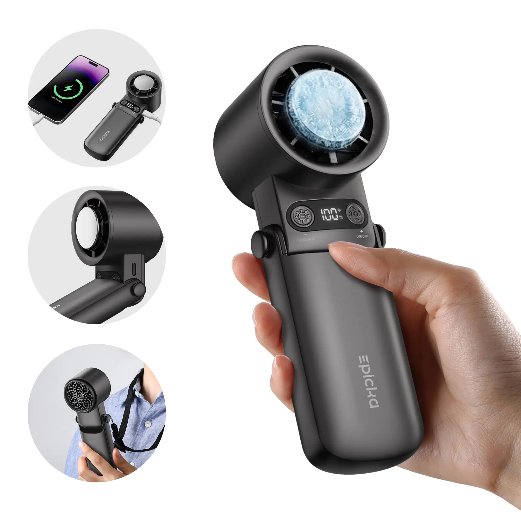 New Epicka Foldable Turbo Handheld Cooling Fan - Foldable Handle Portable Fan with Batteries, Fast-Charging, Desktop Use, Personal Household Home Appliance