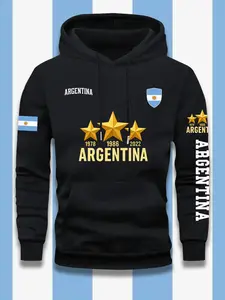 Argentina World Cup Champion Hoodie, with 3 Champions Stars, Argentina Flag Elements, Casual Loose Fit, Fall & Winter Wear