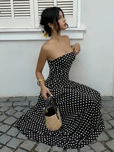 2026 Spring/summer Sexy Off-Shoulder Polka Dot A-Line Evening Dress, Elegant Waist-Cinching Slimming Design, Perfect for Special Occasions, Lady, Womenswear