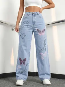 Jeanius Women's High Waist Wide Leg Denim Jeans, Medium Stretch Light Wash, Gradient Butterfly & Gothic Heart Print, Y2K Streetwear Semi Baggy Jeans summervibes Fit Casual Womenswear Graphic Button Bottom Breathable baggy jeans purple  jeans for women out