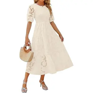 ZESICA Women's 2026 Summer Short Puff Sleeve Crewneck Smocked Floral Lace Flowy A Line Tiered Maxi Dresses