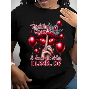 Queen's Birthday Queen Pattern T-shirt, polyester blend, Casual round-neck T-shirt with balloon and lip print, regular length, knitted fabric, suitable for all seasons, Allseason Top |   Humorous design |   Medium elasticity