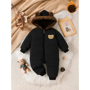 Boys' 3-Layer Winter Hooded Full-Zip Jumpsuit - Plush Snowsuit with Ears &, Warm Black Outfit & Infants, Machine Washable Cold Weather Clothing, Perfect Outdoor