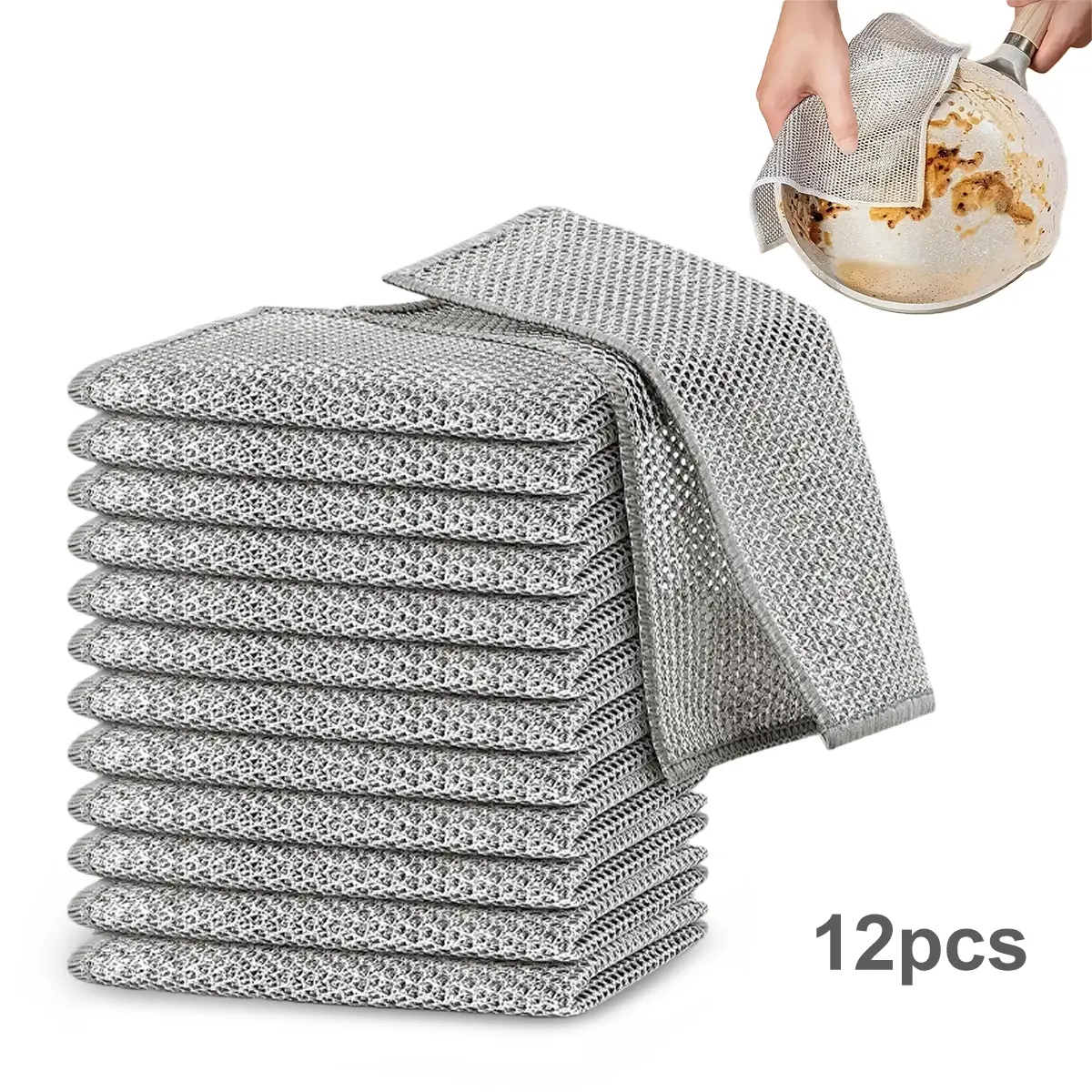 12/24 Counts Dishwashing Rags for Wet and DryMultipurpose Stainless Steel Scrubber, Non-Scratch Heavy-Duty Dish Cleaning Cloth,Reusable Metallic Fiber Scrubber for KitchenDishwasher Safe, Multi-Use Cleaning Rags