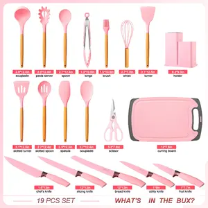 Kitchen Essential Cooking Utensils Set, 19 pcs Non-Stick Silicone Cooking Kitchen Utensils Spatula Set with Holder, Wooden Handle Silicone Kitchen Utensil Set