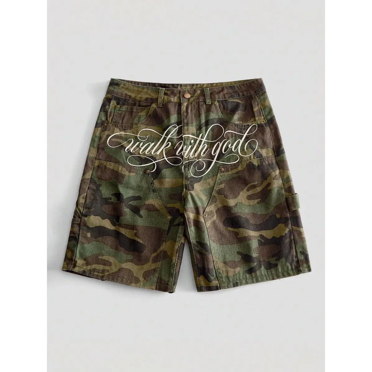 Woozie Straight Leg Camouflage Cargo Denim Shorts Y2K Festival Style Casual Streetwear Youth Sporty Collegiate Fashion