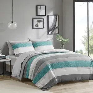 360 stand Modern Stripe Print California King Bed Comforter Set with Bed Sheets - Casual Vibe, Aqua & Grey, 104x92x1.5in, Polyester Fill, Machine Washable