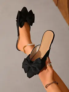 Women's Casual Bow Flat Mule Slippers,Pointed Toe Satin Wedding Shoes, Fashion Versatile Bridal Flats, Outdoor Lazy Summer Sandals, Footwear, Bow Mules