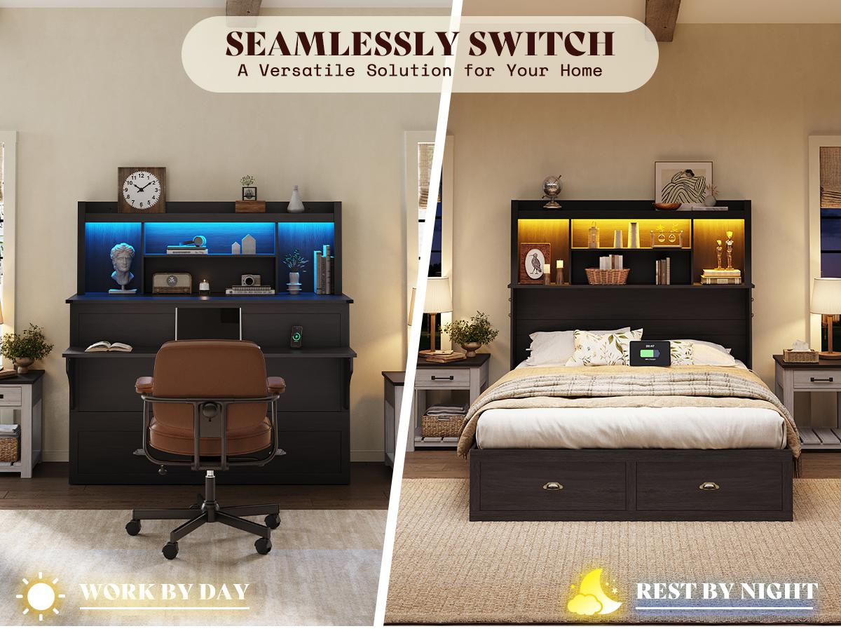 [Mattress NOT Included] [Ship in 2 Boxes] AMERLIFE Murphy Bed with Bookcase Headboard & LED Light, Farmhouse Cabinet Bed with Storage Drawer, Charging Station and Desk for Home Office/Guest Room/Small Spaces