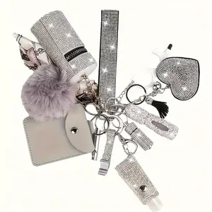 11pcs Ladies Keychain Set with Rhinestone Multifunctional Keyring Card Holder Storage Bag Medication Bottle Whistle Perfume Bottle Classic Quote Metal Keychain with Rhinestone Embellishment Round Buckle Whistle Included