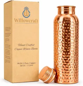 Copper Water Bottle (34oz/1000ml) 100% Pure Handmade Hammered Ayurvedic Pure Copper Vessel for Drinking Heavy Duty & Leak-proof