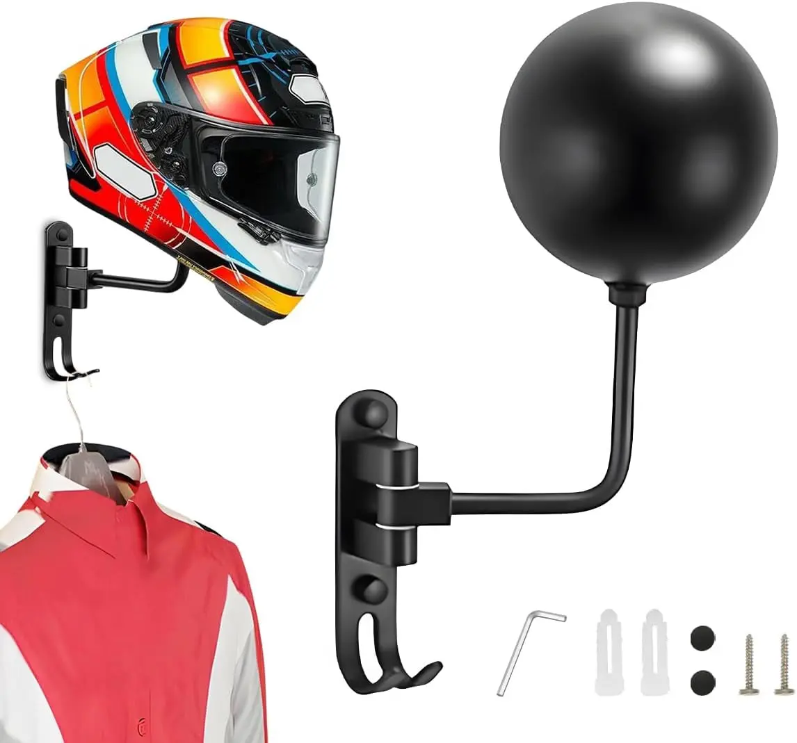 180° Rotates Adjustable Wall Organizer Hanger with 2 Hooks - 180° Rotating Arm Storage for Tactical Motor Vehicle Helmets & Gear, Ideal for Garage, Entryways, Motor Vehicles