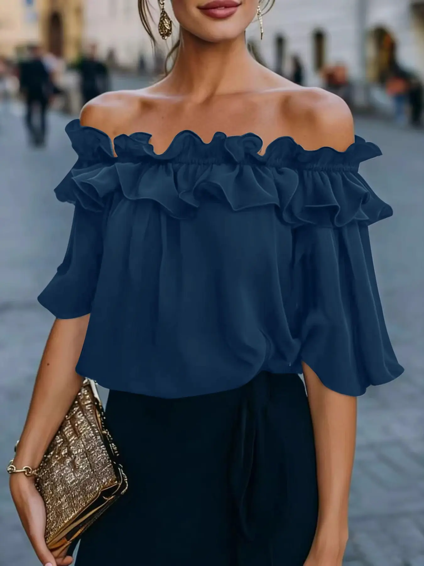 New Cross-Border European and American Solid Color Sexy One-Shoulder Ruffle Shirt, Loose Fit Standard Size Women's Clothing, Trendy Fashion Top