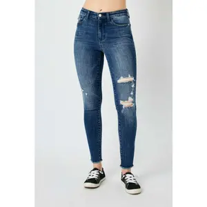 Judy Blue High Waist Distressed Skinny Jeans - Washed & Pocketed Stretch Denim Style #82581 Pocket Women's Denim Pants with Pockets plus  size  jeans Casual Womenswear