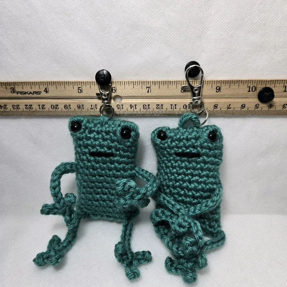 Crochet Frog Keychain - Adorable Teal Green Knitted Animal Charm with Ruler for Scale Display 3 Inches Tall Flexible Arms & Legs Solid Color