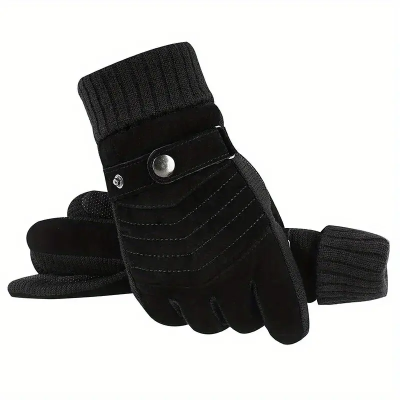 Men's Winter Plain Leather Gloves - Black, Brown - Thick Pile Lining, Cold-Resistant, Casual, Windproof, Anti-Slip Touchscreen Gloves for Motorcycle Biking, No