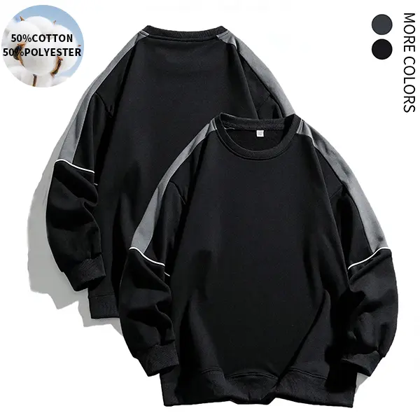Men's color blocked 50% cotton 50% polyester sportswear, regular fit casual long sleeved round neck pullover for spring and autumn seasons, fashionable men's top for daily wear