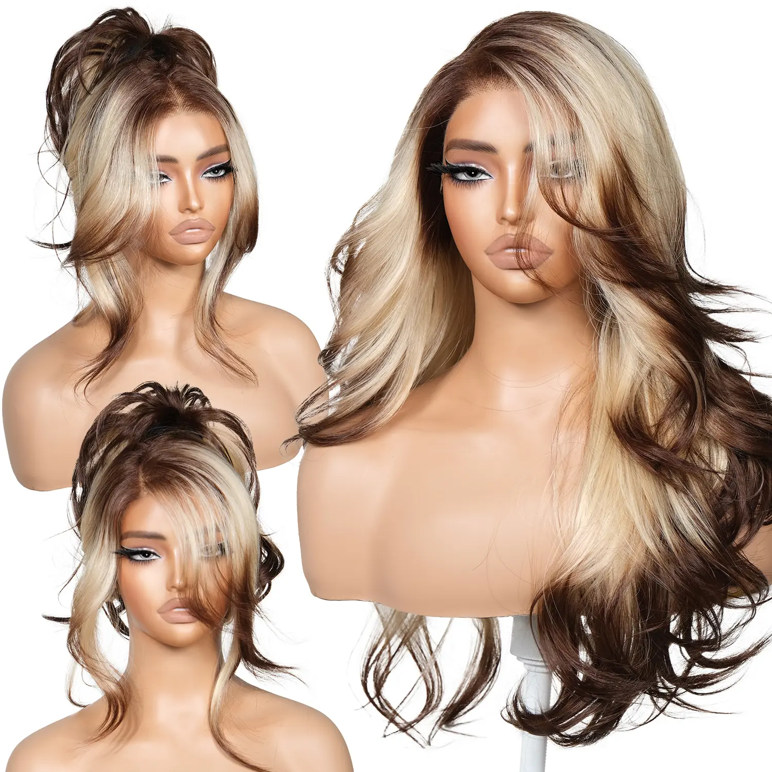 BrownBomb 24 Inch Feather Curly Wig, 13x6 Synthetic Lace Front with Feathered Layers and Face Farming Curly Bangs, Pre-Plucked Natural Hairline, Curly Wigs, Glueless Frontal Wig