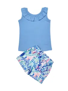 Girls Under Sea Coral Print Shorts and Blue Tank Top Summer 2 pc Set