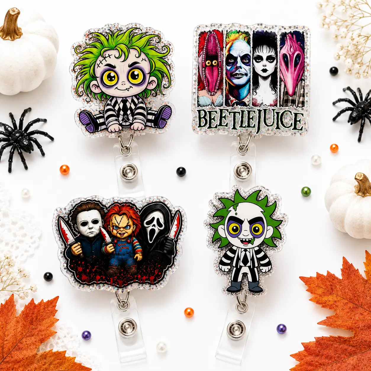 Spooky Horror Badge Reel, Cute Creepy Green Hair Character & Masked Villain Acrylic Retractable ID Holder, Halloween Badge Clip for Nurses Teachers
