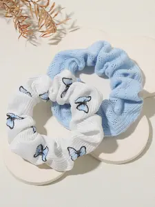 Sweet Girl Butterfly Hair Tie Ponytail Scrunchie Set, Casual Elegant Bow Design, Random Print, All Seasons Accessory, 2pcs