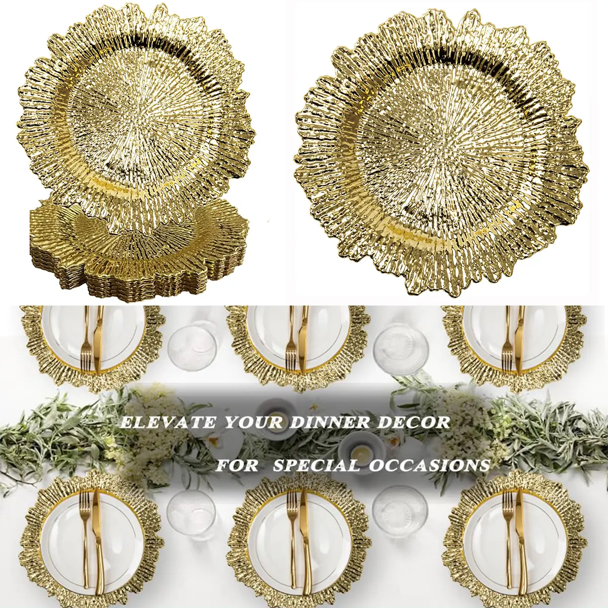 12/24/48/96 set of gold-plated charging boards, 13 inch coral reef plastic plate chargers, wedding decoration chargers, elegant party, banquet, and table decoration chargers