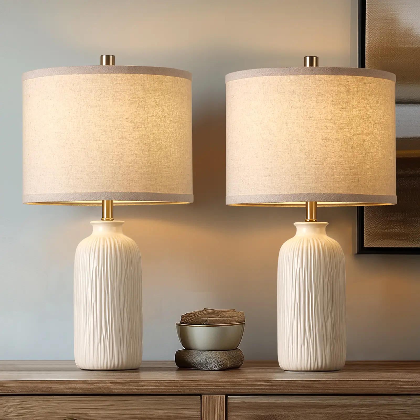 21” Glazed Ceramic Lamps (Set of 2) - Cozy Neutral Home Decor Staple with LED Bulb Light for Indoor Lighting Needs