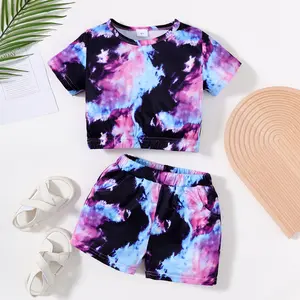 Ready Stock  4-7Y Girls Summer outfits Tie-dye Short Sleeve Tops and Elastics Shorts 2pcs Purple 224030005