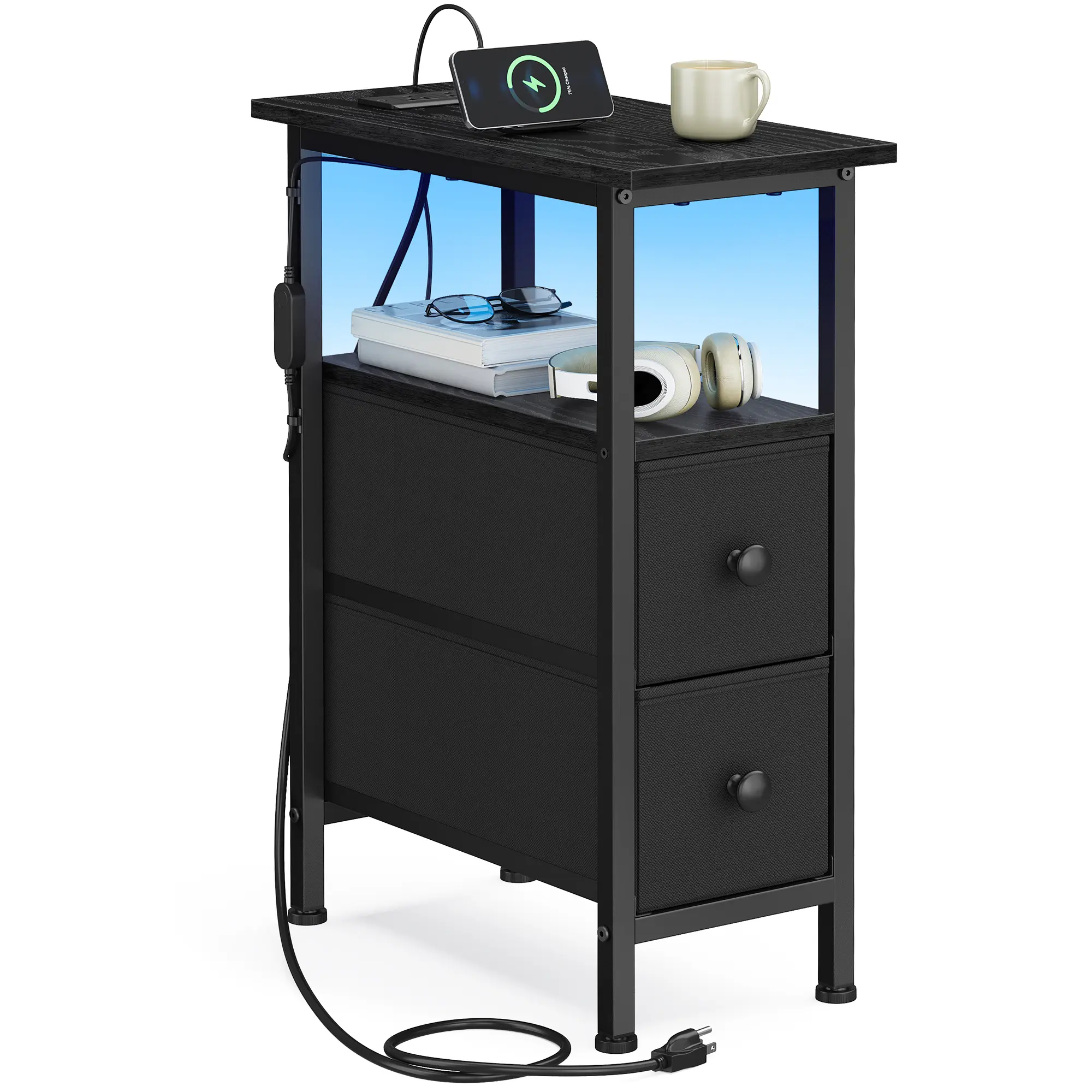 SONGMICS Side Table with LED Light, Narrow End Table with 2 Drawers, Nightstand with Charging Station, Bedside Tables for Small Space, Living Room, Bedroom