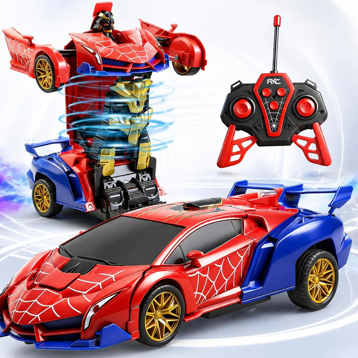 RC Transforming Spider Car Toy for Kids, 2.4GHz Remote Control Sports Car with Robot Mode, Spray Mist, Lights and Action Driving Play