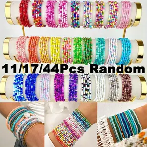 11/17/44Pcs Bohemian Colorful Beaded Bracelets Set Charm Multi-Layer Mixed Color Rice Beads Stackable Bangle Chain Handmade Elastic Glass Beads Vintage Ethnic Beaded Accessories Beach Bracelet Vacation & Casual Attire Elegant Women Wristbands Jewelry
