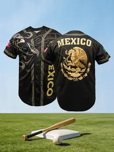 Mexico Baseball Jersey-Sporty & Stylish Button-Up with Black, Blue & Red Accents! Mexican Hot Weather Baseball Shirt, Stylish Button Design with Accents, Perfect for Sports Fans & Casual Wear
