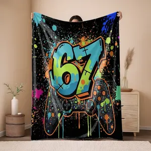 2D Flat Printing 1pc  Brightly colored graffiti-style handle with numbers 67 Pattern Printed  Blanket Flannel Fleece All Season Light Weight Living Room/Bedroom Warm Blanket Flannel Throw Blanket