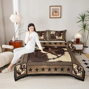 Western Stars Comforter Set,Cow Fur Texture Print Bedding Set for Kids Teens Adults Room Decor,Old Wooden Board Vintage Quilt Set