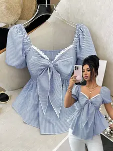 New French Style Blue Striped Fashion Pure Desire Design Square Heart Neck Tie Waist Slimming A-Line Bubble Sleeve Shirt Blouse Top