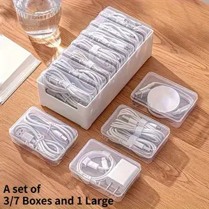1 Set Of 3/7 Boxes Data Cable Storage Box Artifact Charging Cable Mobile Charger Organizer Winder Desktop Cable Management Box, HEROBABY Clear Organizer