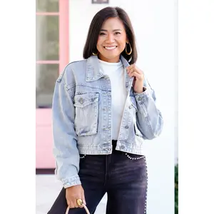 Medium Wash Long Sleeve Button Down Jacket