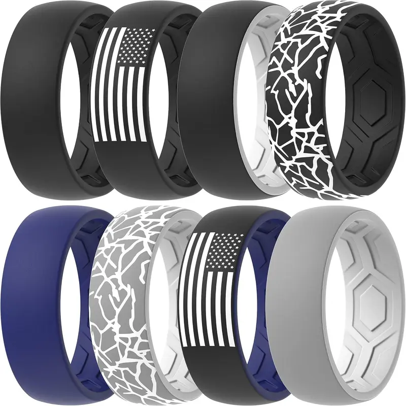 Silicone Wedding Rings for Men, 2 Layers Top Design Bands 8.5mm Wide 2.5mm Thick - 1/4/8/12 Variety Multipack