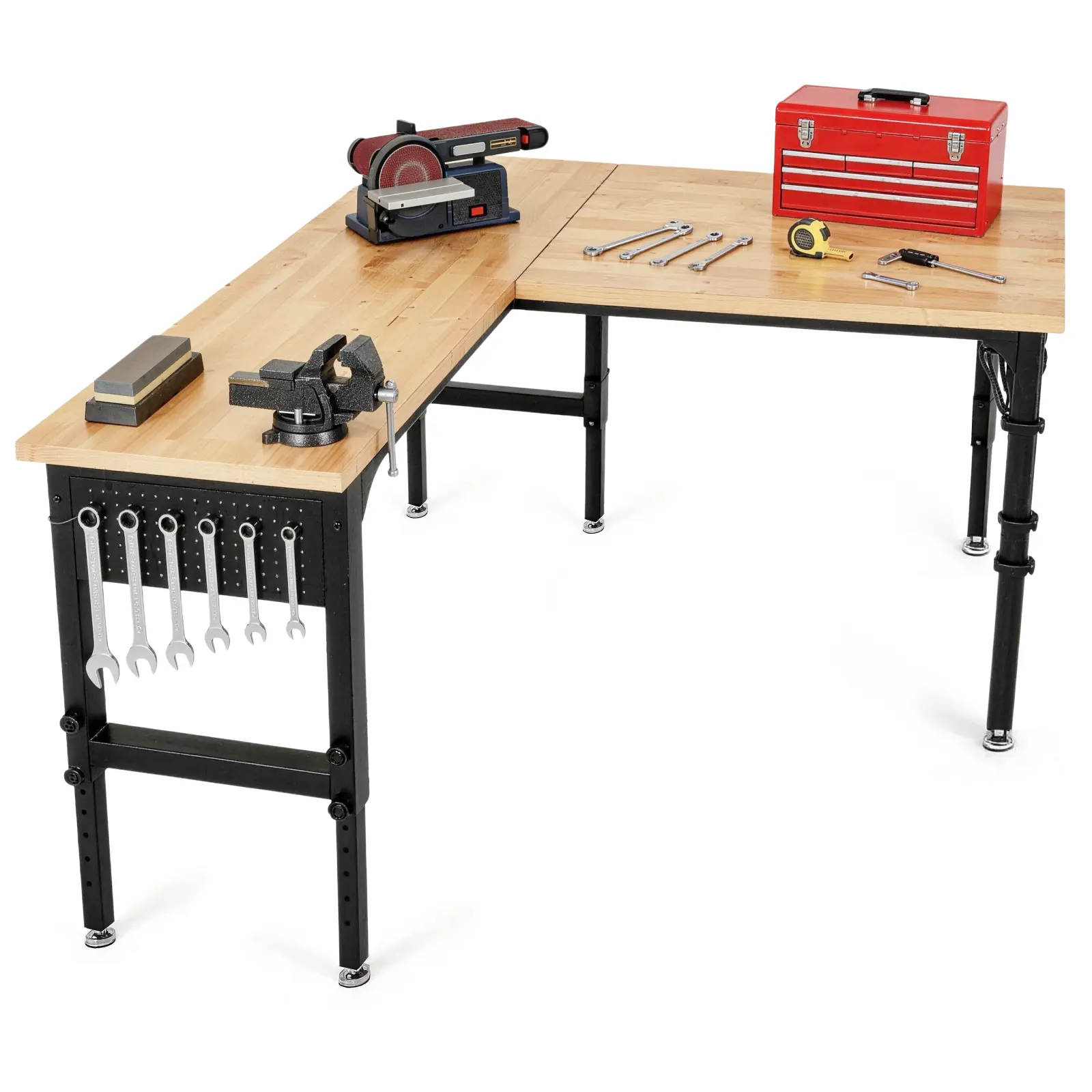 L-Shaped Heavy Duty Carbon Steel Work Bench (70"x47") - 3300 LBS Load Capacity, 28-39" Height Dial via 360° Tool-Free Knob, ETL Certified Power Strip, Hanging Board, Rubber Wood Top, Easy Assembly & Reliable Support, for Garage, Commercial Space