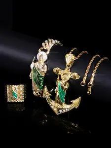 3pcs Iced out Hip-hop style anchor pendant necklace bracelet set, suitable for multiple occasions, Christmas and Halloween gifts, Trendy Jewelry Set