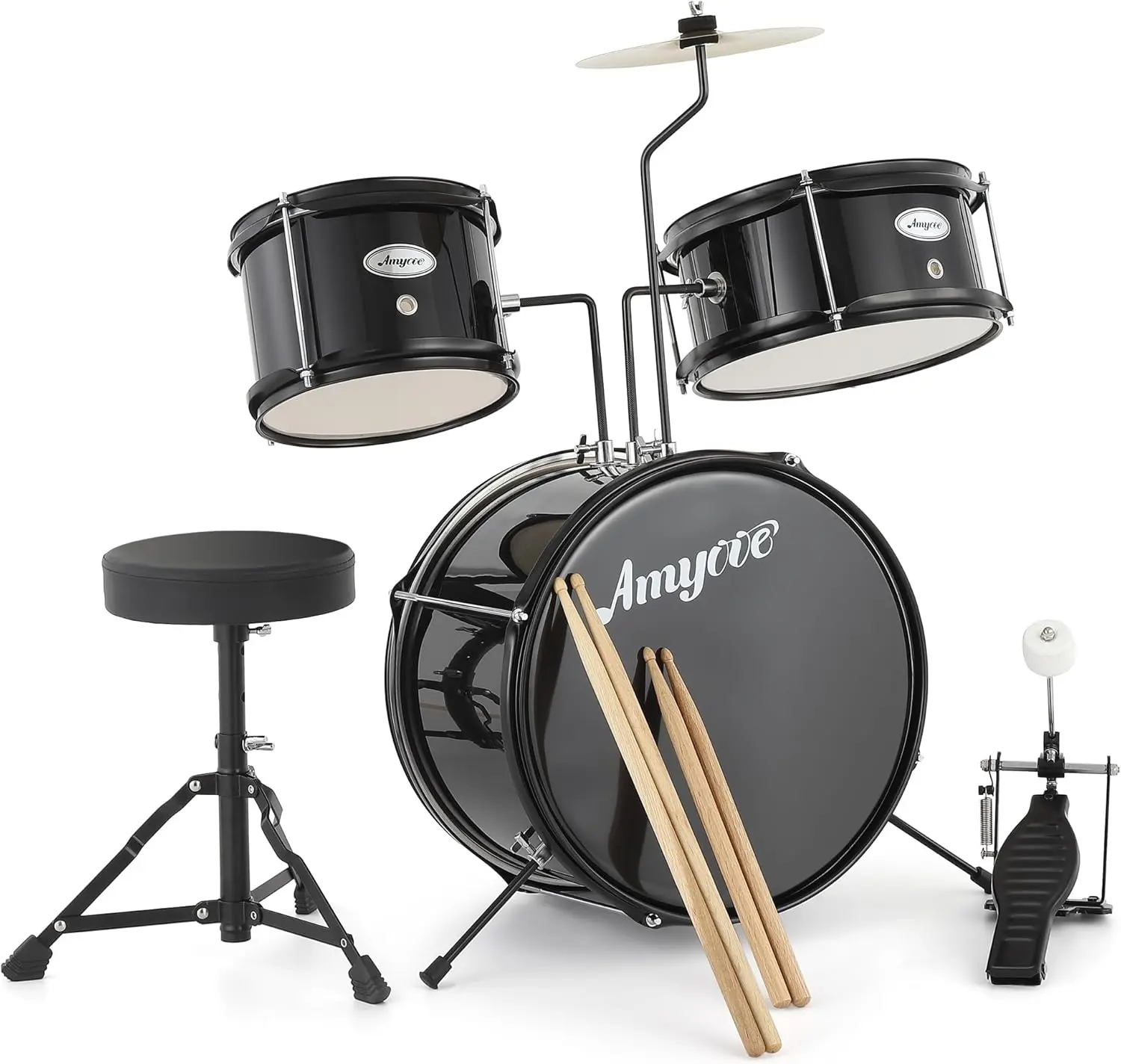 GAOMON 3 Piece Kids Drum Set with Cymbal, 2 Drumsticks, Pedal, 2 Tom,Beginner Junior Drum Kit with Throne Stool, Musical Instruments for Boys and Girls, Black2