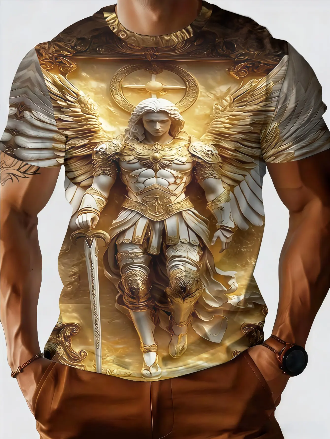 Summer New Men'S Round Neck Short Sleeve T-Shirt, Holy Light Armor Archangel Realistic Full Print Design, Breathable Skin-Friendly Fabric, Loose Drop Shoulder Fit, Daily Casual Streetwear, Retro Tough Guy Style, Printed Design-Not Textured