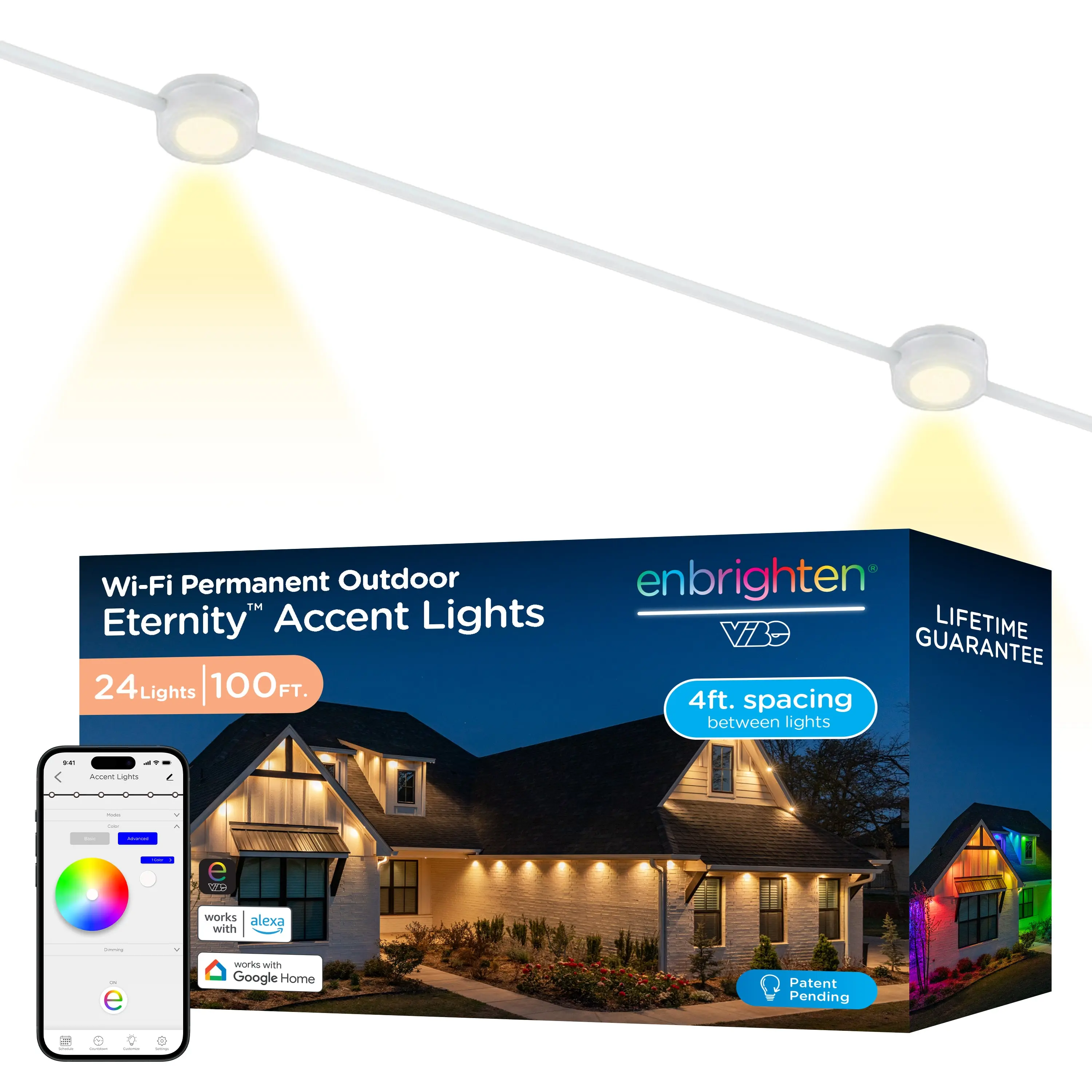 Enbrighten VIBE WiFi Color-Changing Permanent Outdoor Eternity Accent Lights, 24 Lights, 100ft. White Cord