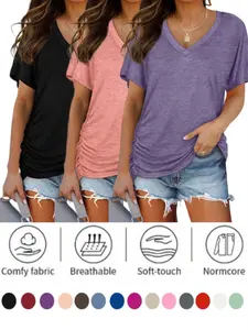 2026 Womens Short Sleeve V Neck Dolman Tops with Side Shirring Loose Fit Shirts