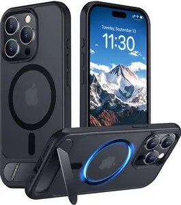 Suitable for iPhone 16/16 Pro/16 Pro Max/16 Plus/16e magnetic phone case (compatible with MagSafe) (military grade drop protection) semi transparent frosted shockproof and fingerprint proof phone case with built-in invisible bracket Wireless Adjustable