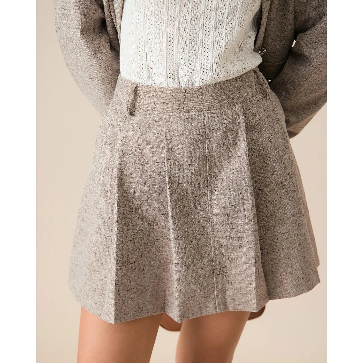 RIHOAS Women's Cotton Blend Pleated A-Line Mini Skirt with Pockets - Khaki Casual Office Wear, Pocketed, Quick Dry, Corporate Office Wear, No