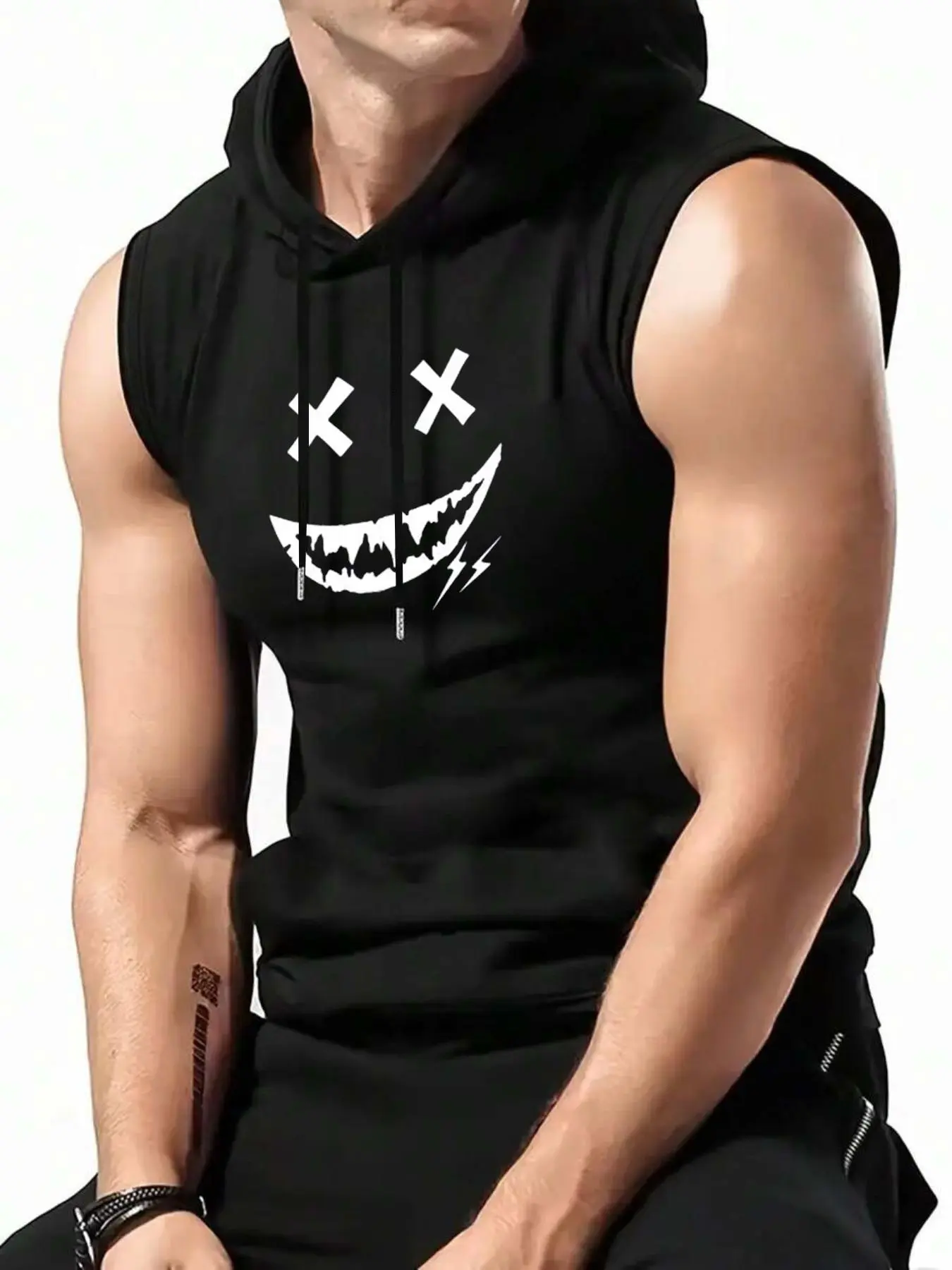 Men's Regular Fit Smile Face Print Tank Hoodie, Casual Graphic Sleeveless Hoodie for Summer, Men's Top for Daily Wear, Casual Sports Hoodie, Casual Streetwear, Casual Print Clothes, Graphic Streetwear Clothing