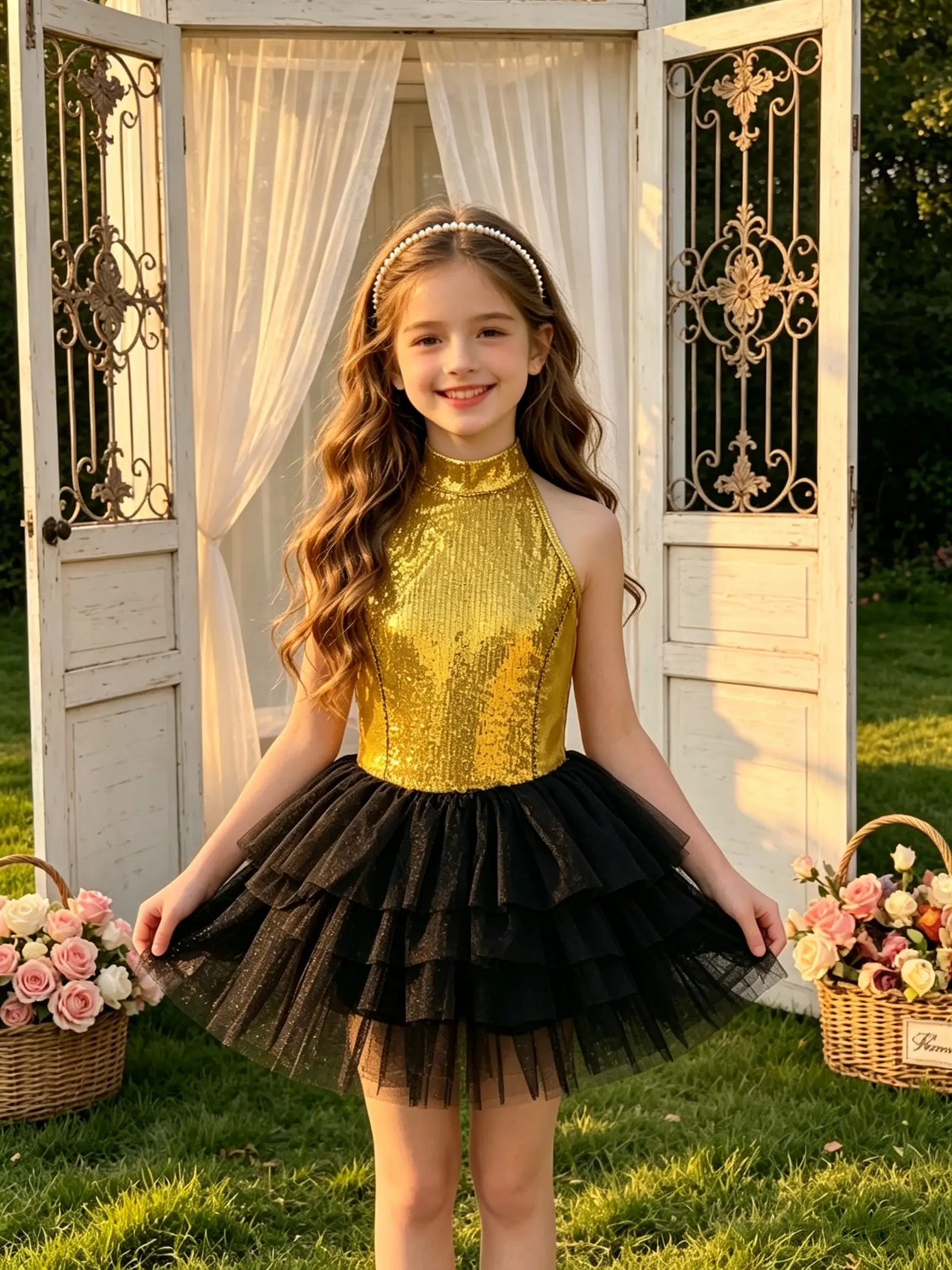 Girls Gold Sequin Halter Tutu Dress Black Layered Tulle Dance Outfit for Recital Birthday Stage Performance Dress Up   kids clothing girls